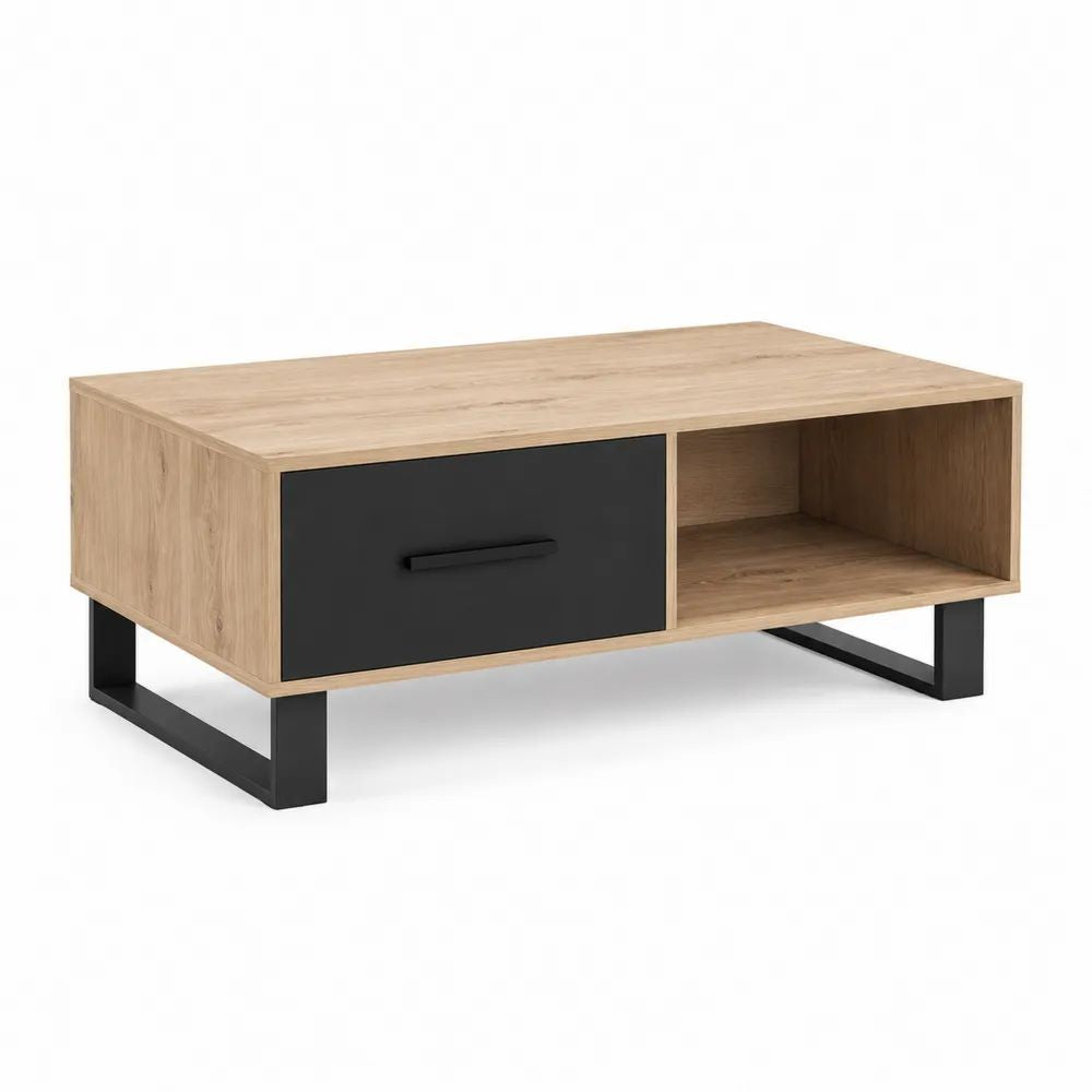 Table basse rectangulaire avec tiroir et niche en panneaux de particules mélaminés et acier, chêne clair et noir, 100 × 55 × 45 cm