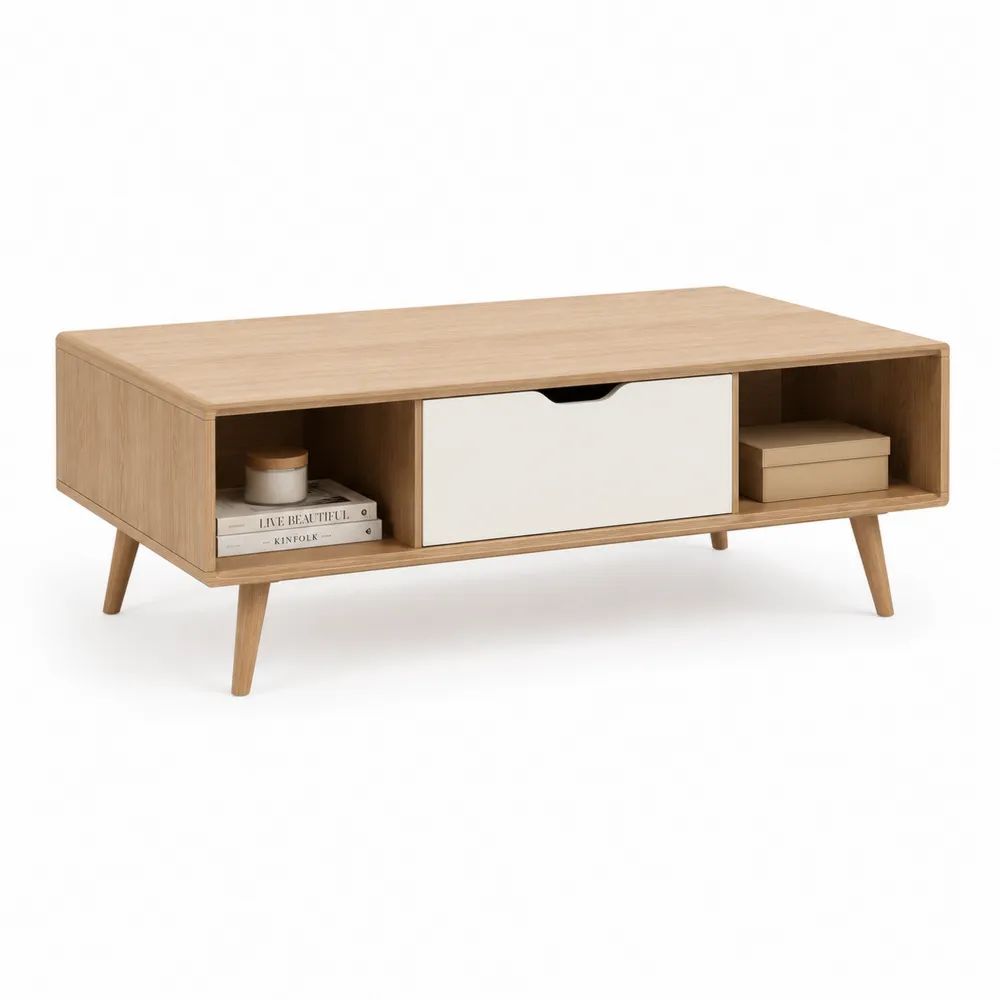 Table basse rectangulaire en bois avec tiroir et 2 niches, chêne clair et blanc, 110 × 55 × 40 cm