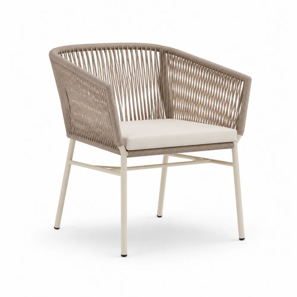 Fauteuil de jardin en aluminium et corde beige avec coussin crème, 62 × 64 × 78 cm
