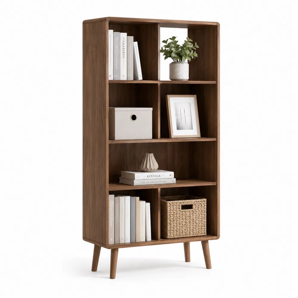 Bibliothèque étagère 4 niveaux en MDF plaqué noyer brun, 7 compartiments, 80 x 35 x 160 cm