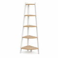 Étagère d’angle sur pied à 5 niveaux en MDF et bois, blanc et chêne naturel, 158 × 45 × 45 cm