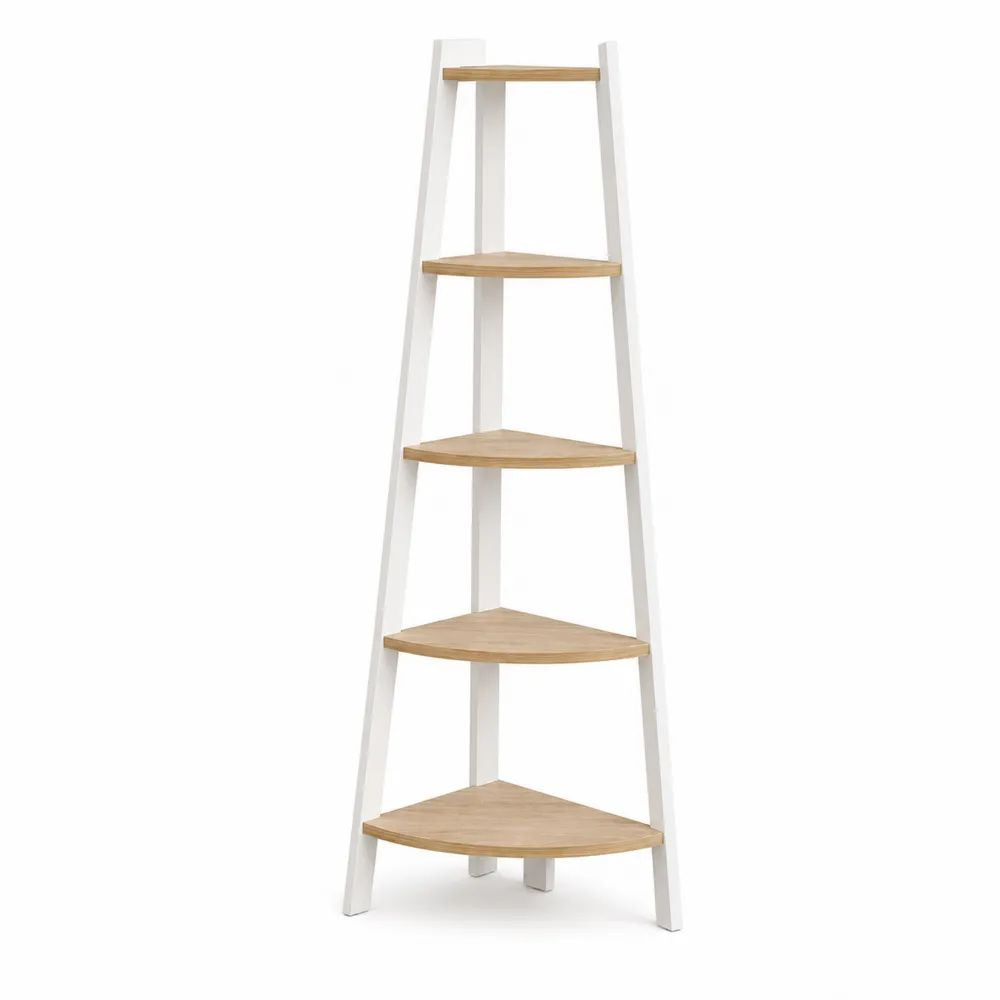 Étagère d’angle sur pied à 5 niveaux en MDF et bois, blanc et chêne naturel, 158 × 45 × 45 cm