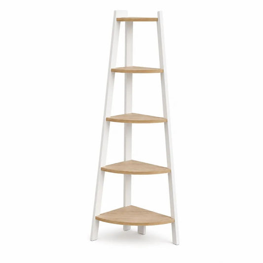 Étagère d’angle sur pied à 5 niveaux en MDF et bois, blanc et chêne naturel, 158 × 45 × 45 cm