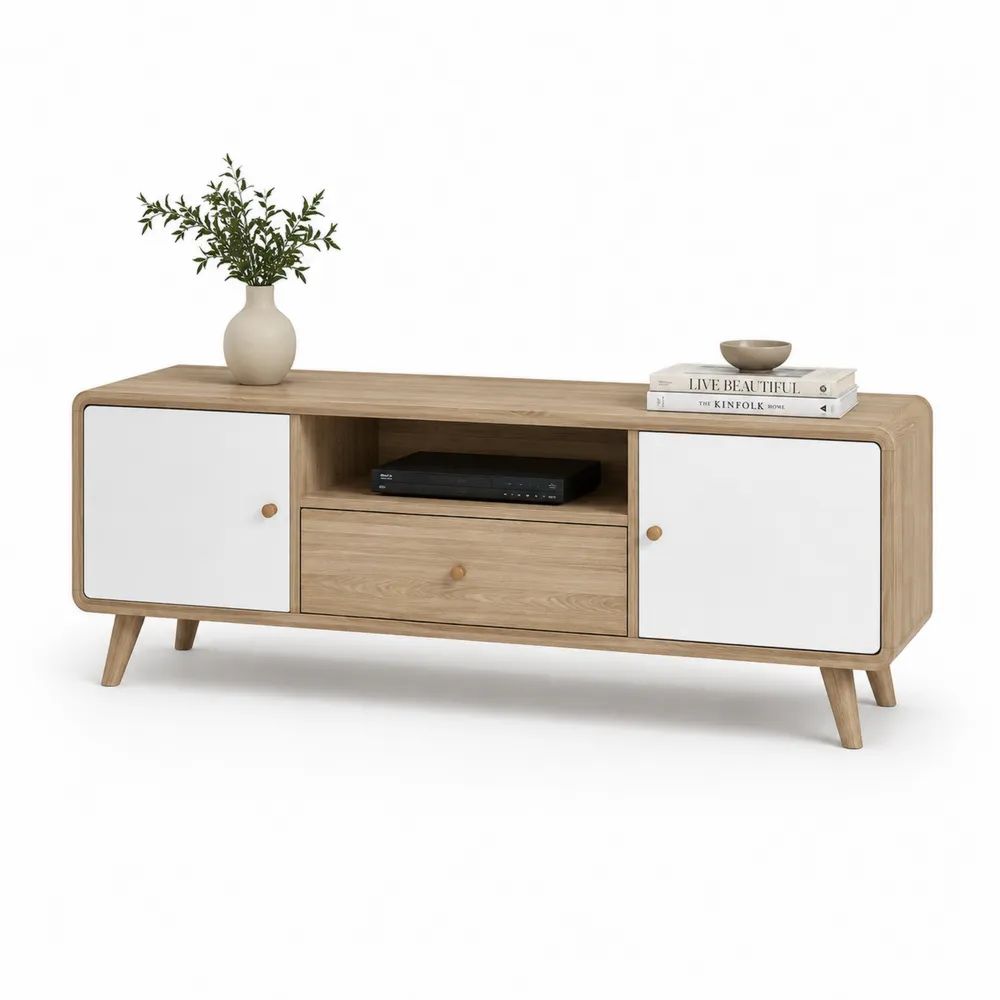 Meuble TV en bois et MDF, décor chêne naturel et blanc, 2 portes, 1 tiroir et 1 niche, 150 × 40 × 70 cm