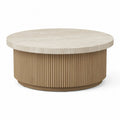 Table basse ronde en travertin beige et MDF plaqué chêne cannelé, Ø 90 × H 40 cm