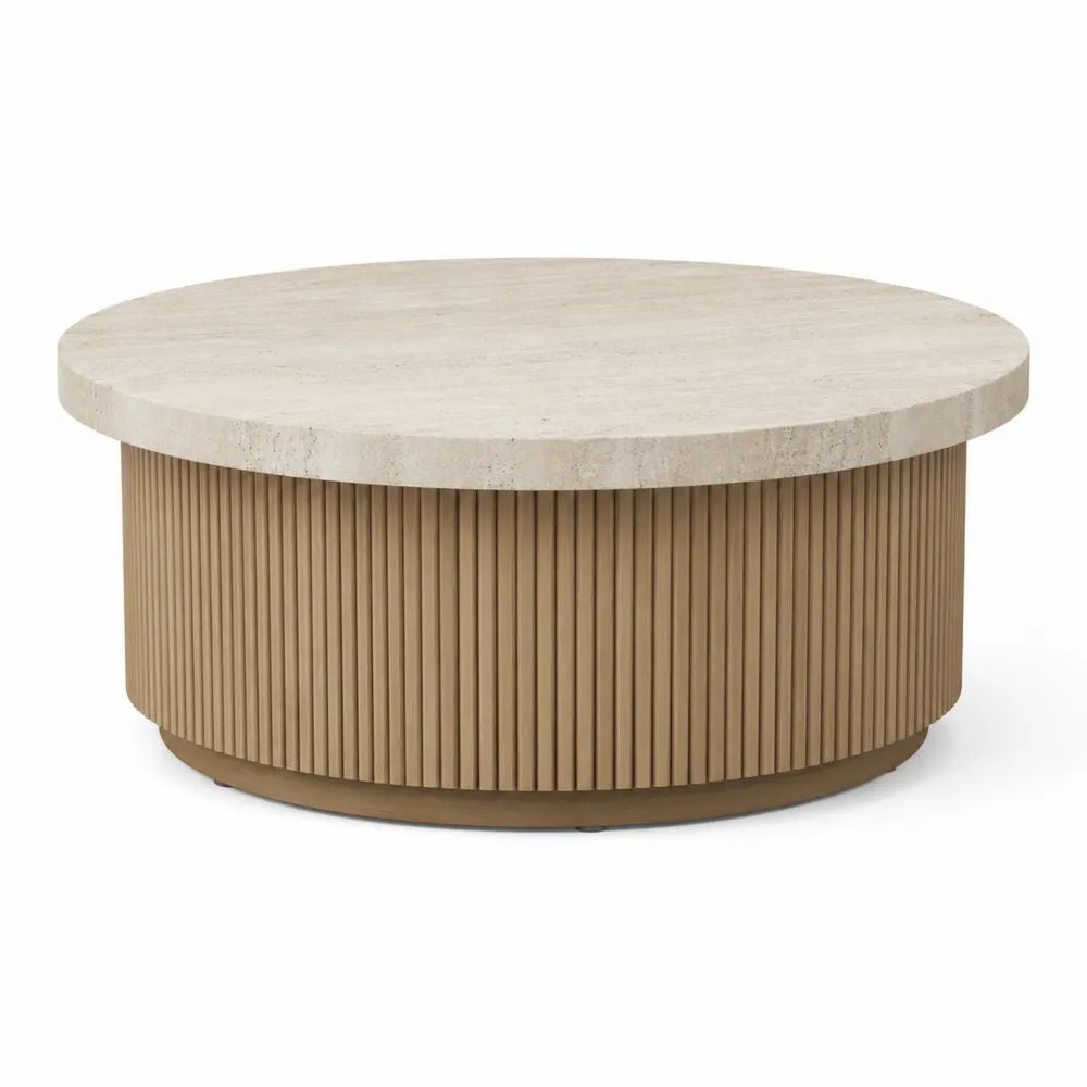 Table basse ronde en travertin beige et MDF plaqué chêne cannelé, Ø 90 × H 40 cm