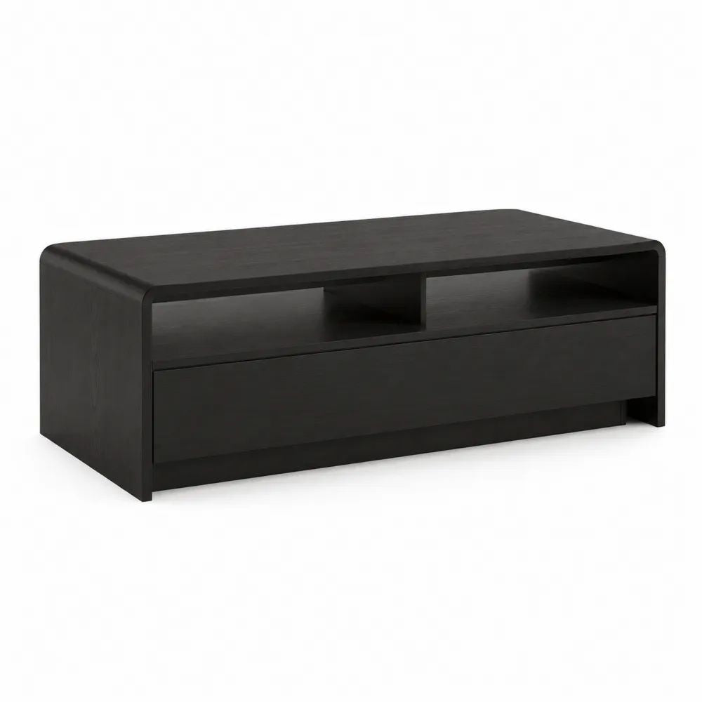 Table basse rectangulaire en MDF noir avec tiroir et 2 niches, 100 × 50 × 40 cm