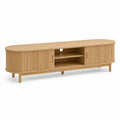 Meuble TV bas en MDF plaqué chêne et hévéa massif avec 2 portes coulissantes, chêne naturel, 180 × 40 × 55 cm