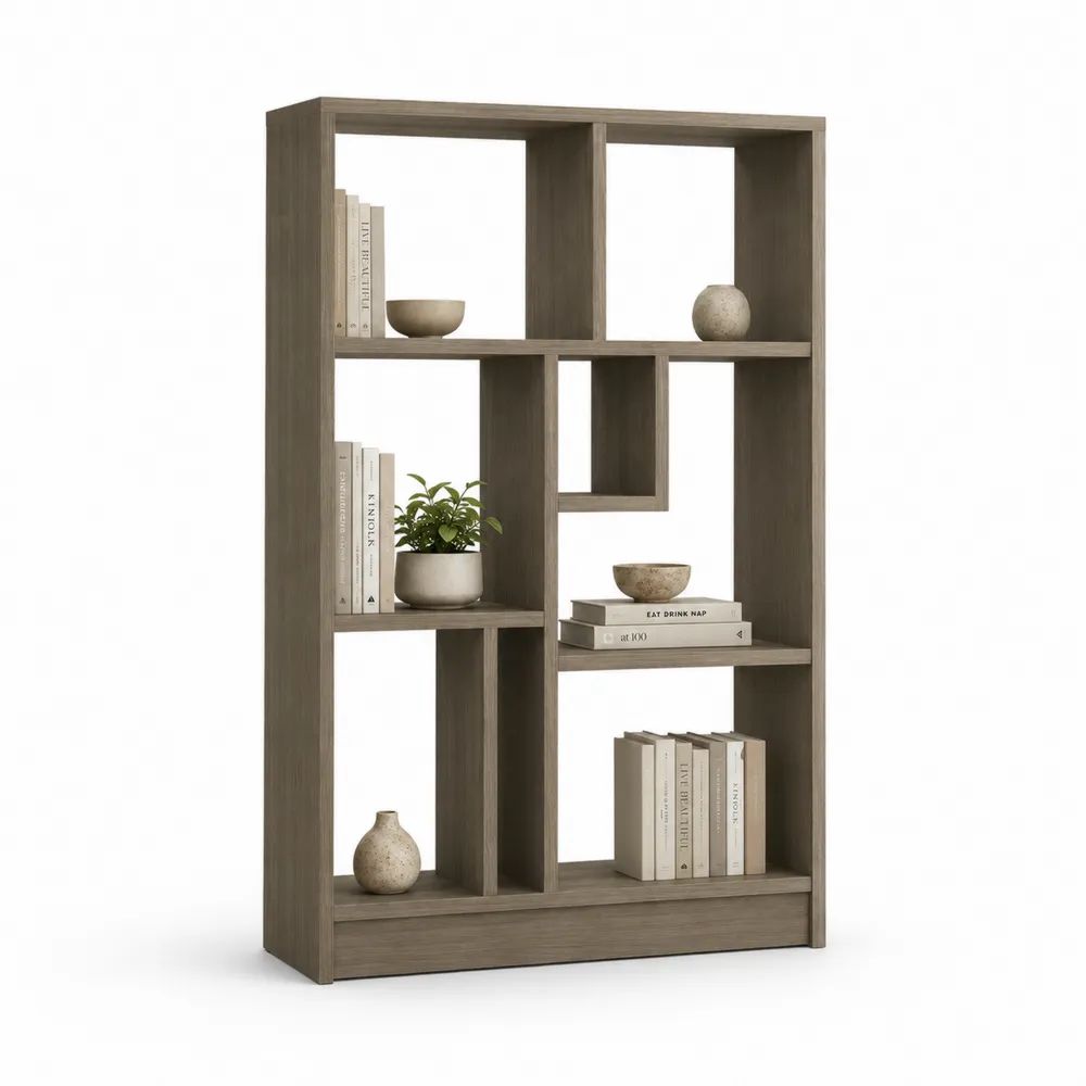 Bibliothèque ouverte à 8 compartiments en panneaux de particules mélaminés brun taupe, 90 x 24 x 150 cm