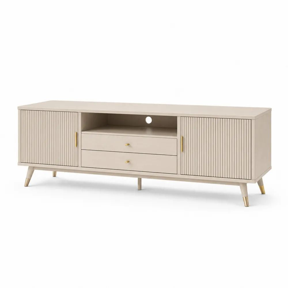 Meuble TV rectangulaire en panneaux de particules et MDF beige et doré, 150 x 40 x 60 cm