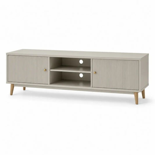 Meuble TV bas rectangulaire en bois et métal gris taupe, 2 portes, étagère centrale et pieds en bois naturel, 140 × 40 × 50 cm