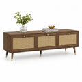 Meuble TV rectangulaire avec rangement 3 portes en MDF plaqué noyer et rotin, marron noyer et beige naturel, 175 × 40 × 66 cm