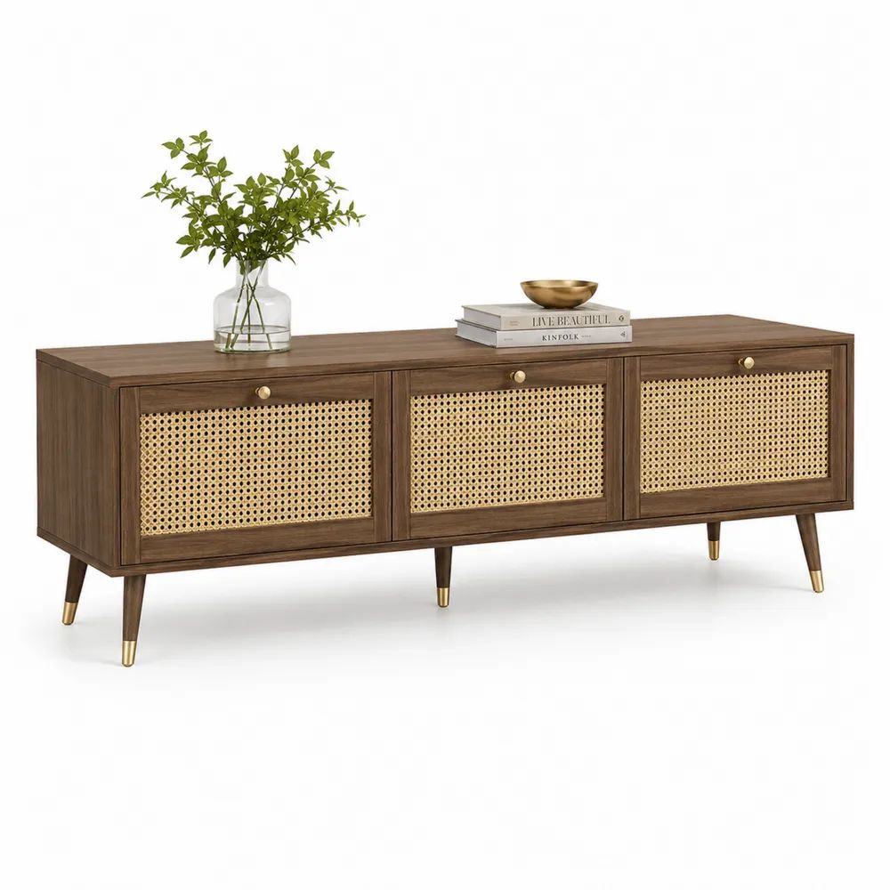 Meuble TV rectangulaire avec rangement 3 portes en MDF plaqué noyer et rotin, marron noyer et beige naturel, 175 × 40 × 66 cm