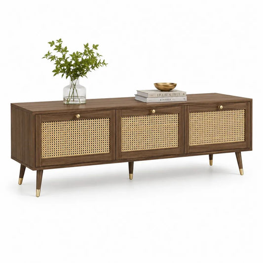 Meuble TV rectangulaire avec rangement 3 portes en MDF plaqué noyer et rotin, marron noyer et beige naturel, 175 × 40 × 66 cm