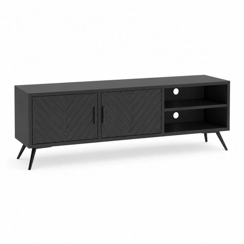 Meuble TV bas noir en MDF, panneaux de particules et métal, 2 portes, 2 niches et passe-câbles, 160 x 40 x 60 cm