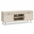 Meuble TV rectangulaire en bois beige et métal doré avec 2 portes, 2 tiroirs et 2 niches, 160 × 40 × 75 cm