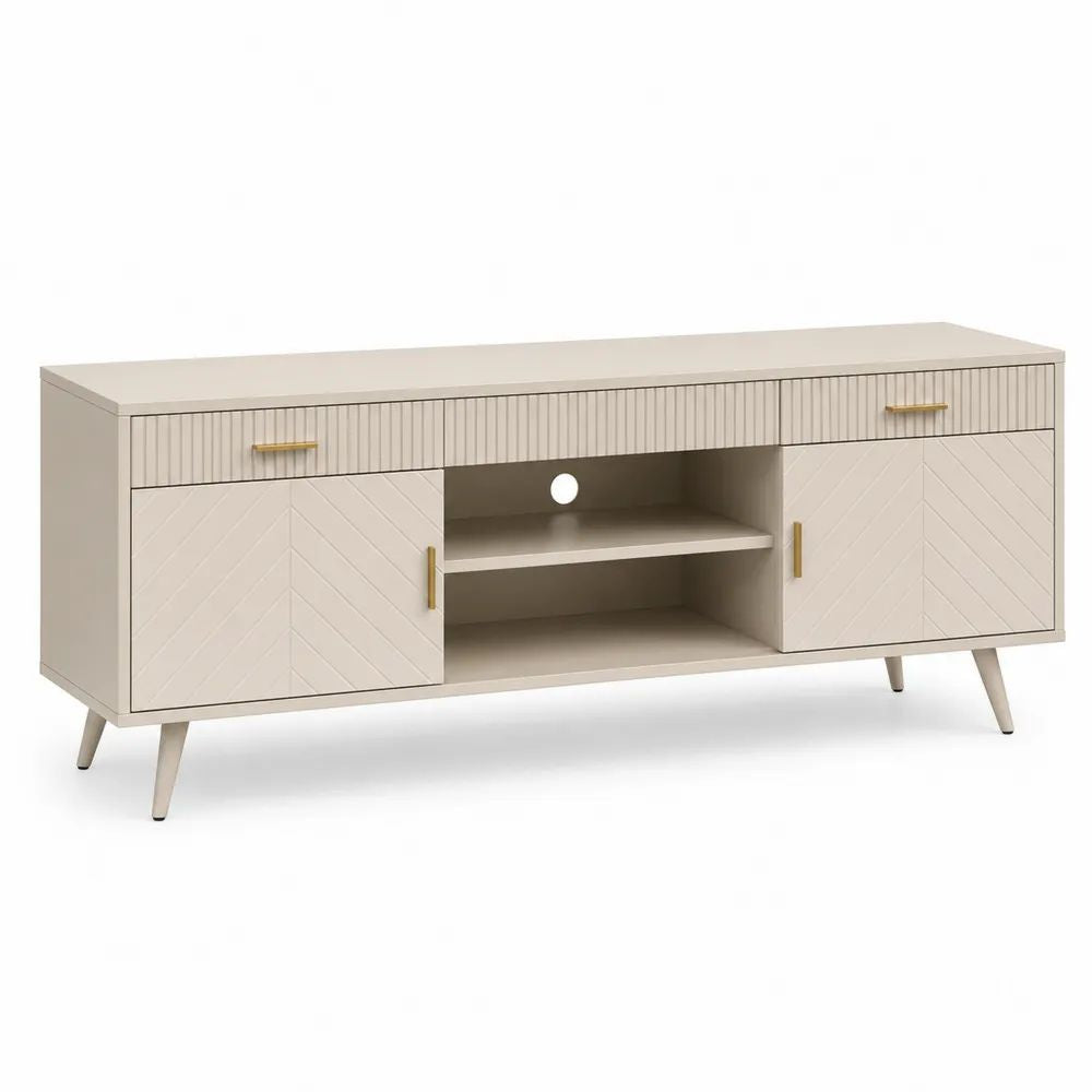 Meuble TV rectangulaire en bois beige et métal doré avec 2 portes, 2 tiroirs et 2 niches, 160 × 40 × 75 cm