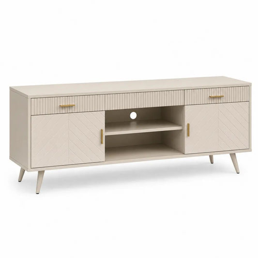 Meuble TV rectangulaire en bois beige et métal doré avec 2 portes, 2 tiroirs et 2 niches, 160 × 40 × 75 cm
