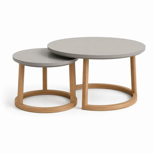 Lot de 2 tables basses gigognes rondes en bois, taupe et brun clair, Ø 80 x H 45 cm et Ø 60 x H 38 cm