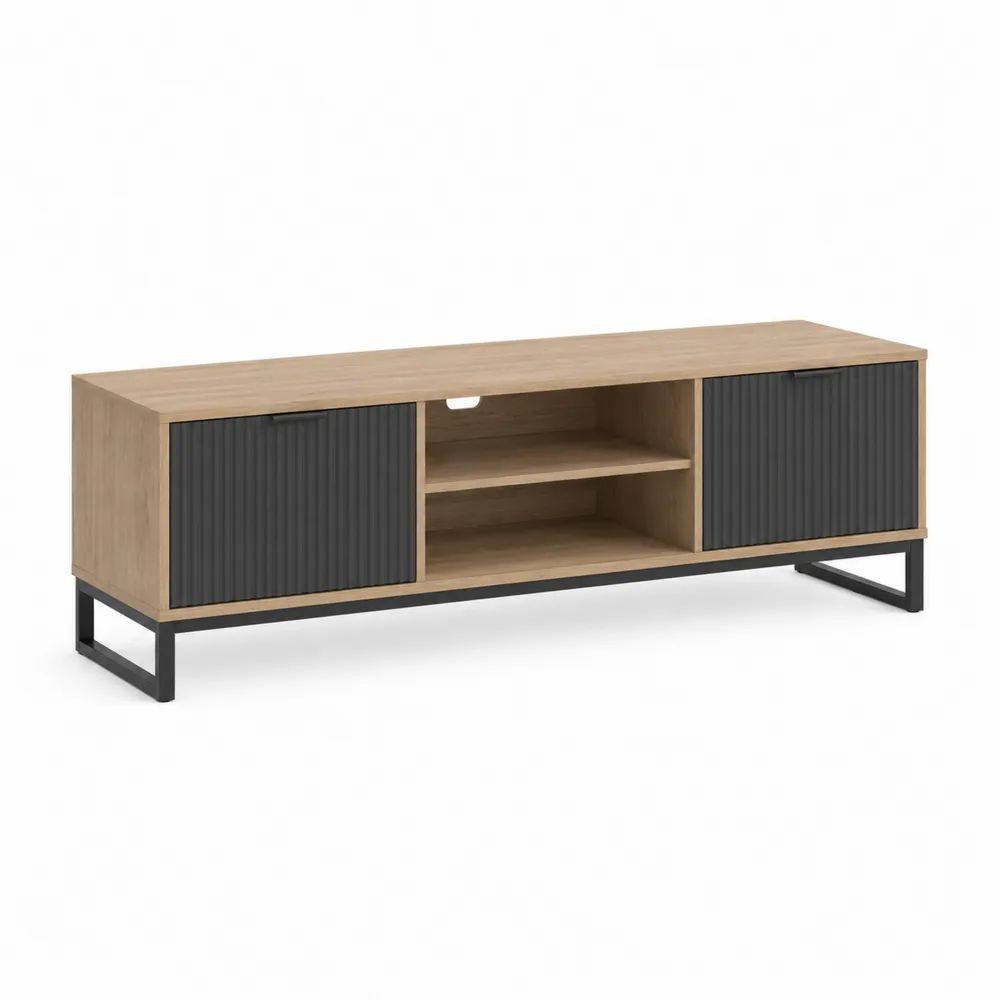 Meuble TV rectangulaire en bois et acier avec 2 portes coulissantes et 2 niches, chêne naturel et noir, 140 × 40 × 55 cm