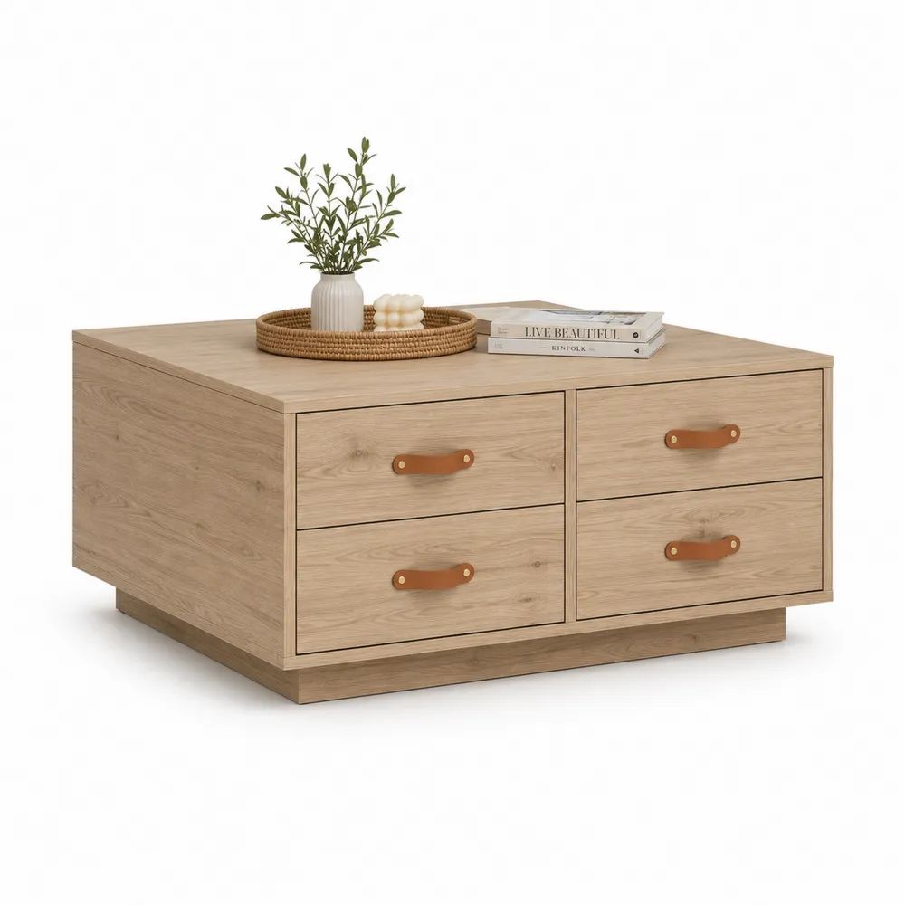 Table basse carrée avec 4 tiroirs en panneaux de particules mélaminés, décor chêne naturel, 90 × 90 × 45 cm
