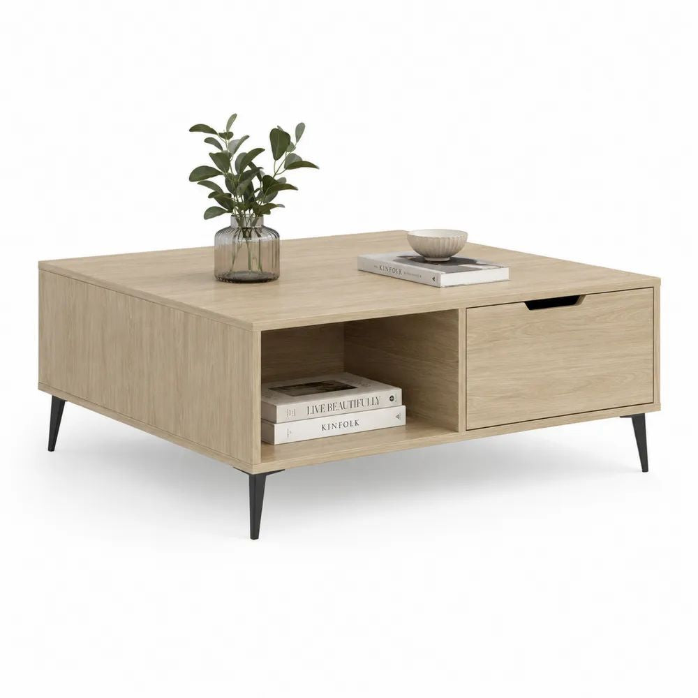 Table basse carrée en bois et métal avec tiroir et niche, chêne clair et noir, 90 × 90 × 45 cm