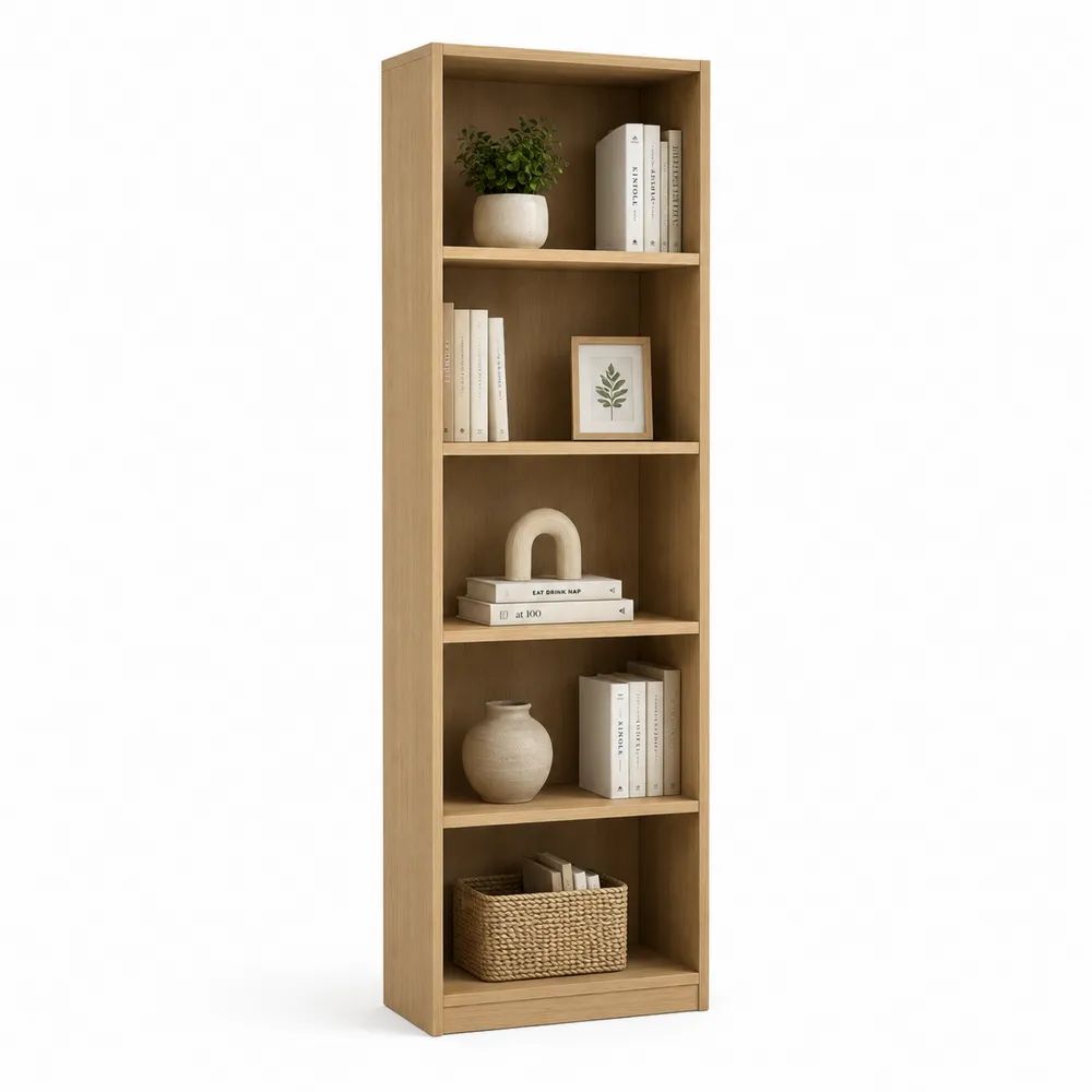Bibliothèque colonne en bois à 5 niveaux, finition chêne naturel, 60 × 24 × 180 cm