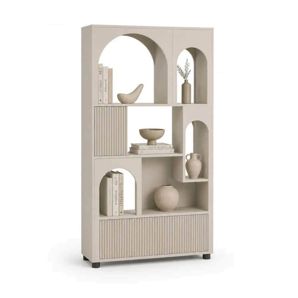 Bibliothèque sur pied en panneaux mélaminés beige avec niches cintrées et rangements fermés, 180 × 80 × 30 cm