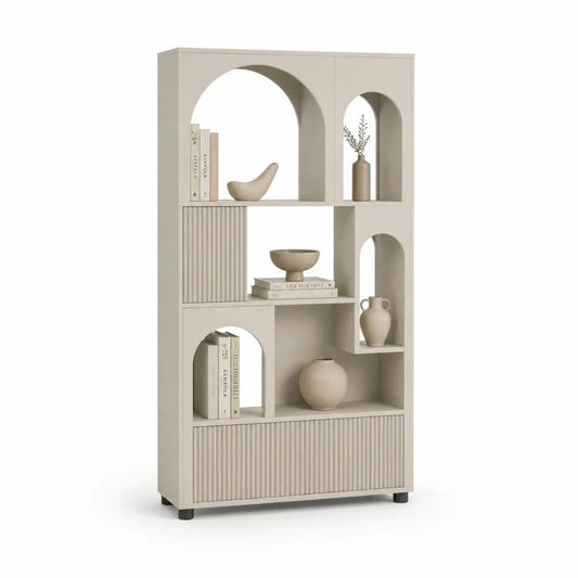 Bibliothèque sur pied en panneaux mélaminés beige avec niches cintrées et rangements fermés, 180 × 80 × 30 cm