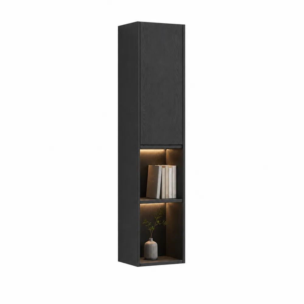 Colonne murale de rangement noire avec éclairage LED en panneaux de particules mélaminés, 30,5 × 30 × 120 cm