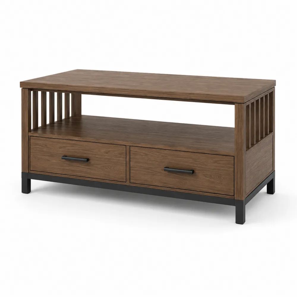 Table basse rectangulaire en MDF plaqué noyer et acier noir avec étagère et 2 tiroirs, 100 × 55 × 55 cm